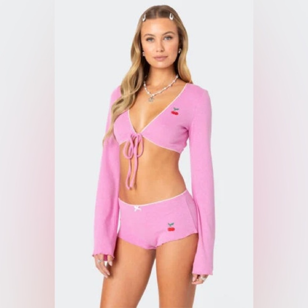 Edkited Cherrie Pointelle Tie Front Top and Shorts Pink Size Medium Large